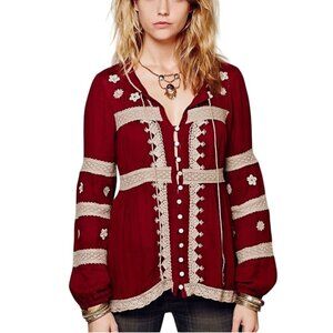 Free People Iris Cranberry Cream Crochet Wood Bead Detail Bohemian Top Size M